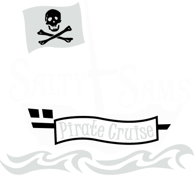 Logo of Salty Sam's Pirate Cruise with pirate ship and skull flag.