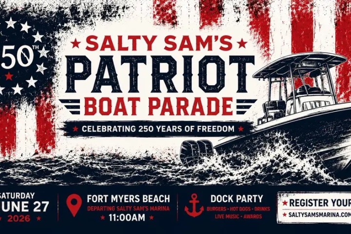 Patriot Boat Parade poster, Fort Myers Beach, June 27, 2026, with boat graphic and American flag theme.